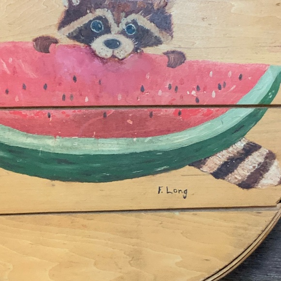 Vintage 80s super cute hand painted raccoon eating some watermelon. - Picture 2 of 10
